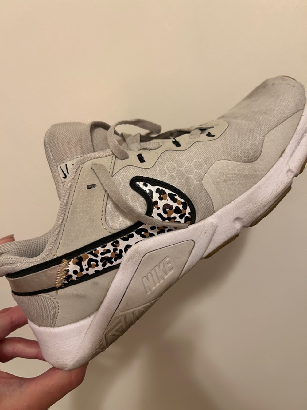 NIKE L Tan Sneaker with Leopard Swoosh. Size 9.5